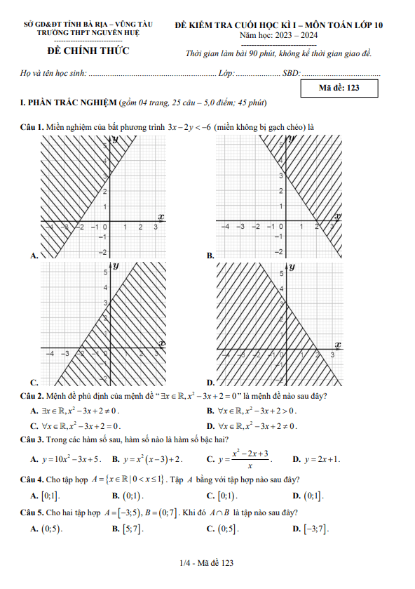 de cuoi hoc ki 1 hk1 lop 10 mon toan nam 2023 2024 truong thpt nguyen hue br vt d