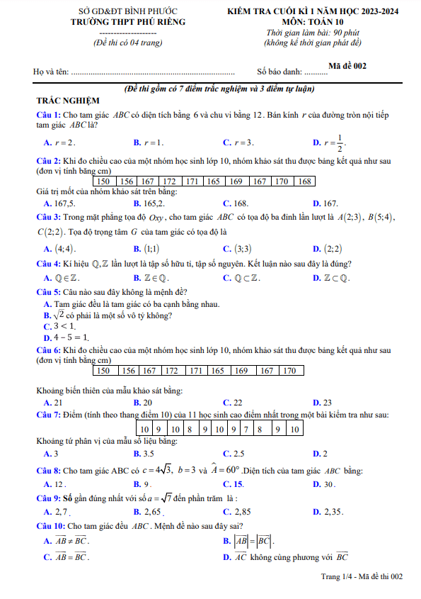 de cuoi hoc ki 1 hk1 lop 10 mon toan nam 2023 2024 truong thpt phu rieng binh phuoc d