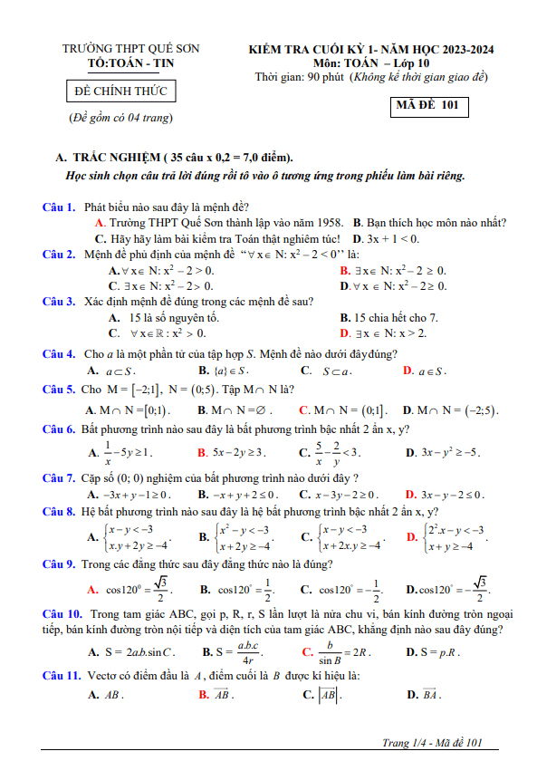 Đề cuối học kì 1 (HK1) lớp 10 môn Toán năm 2023 2024 trường THPT Quế Sơn Quảng Nam 4 de cuoi hoc ki 1 hk1 lop 10 mon toan nam 2023 2024 truong thpt que son quang nam d