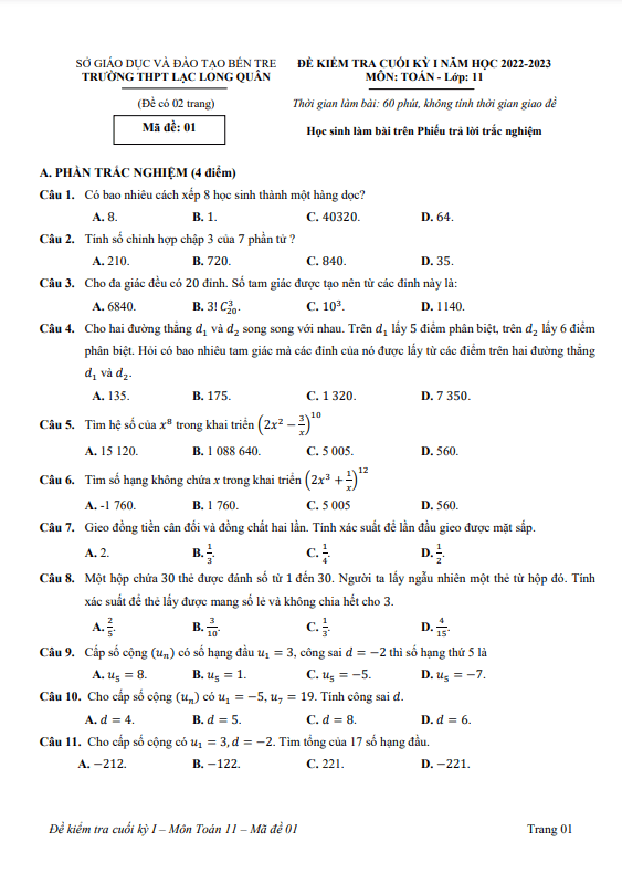 de cuoi hoc ki 1 hk1 lop 11 mon toan nam 2022 2023 truong lac long quan ben tre d