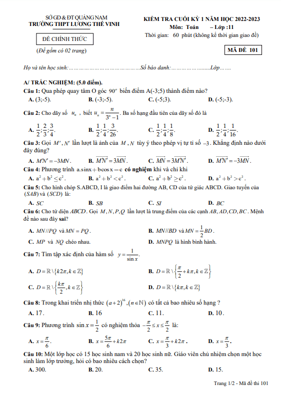 de cuoi hoc ki 1 hk1 lop 11 mon toan nam 2022 2023 truong thpt luong the vinh quang nam d