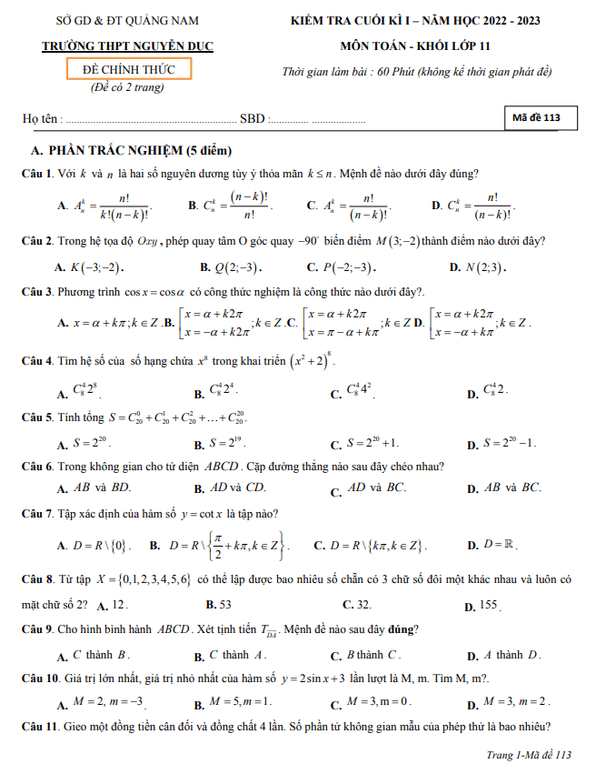 de cuoi hoc ki 1 hk1 lop 11 mon toan nam 2022 2023 truong thpt nguyen duc quang nam d