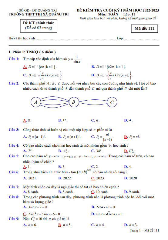 de cuoi hoc ki 1 hk1 lop 11 mon toan nam 2022 2023 truong thpt thi xa quang tri d