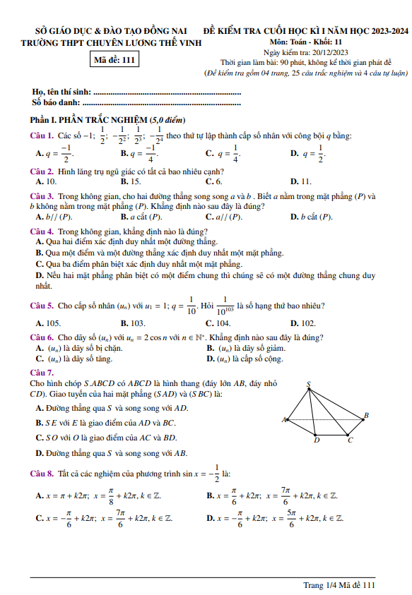 de cuoi hoc ki 1 hk1 lop 11 mon toan nam 2023 2024 truong chuyen luong the vinh dong nai d