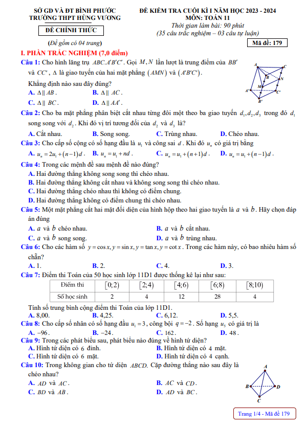 Đề cuối học kì 1 (HK1) lớp 11 môn Toán năm 2023 2024 trường THPT Hùng Vương Bình Phước 2 de cuoi hoc ki 1 hk1 lop 11 mon toan nam 2023 2024 truong thpt hung vuong binh phuoc d