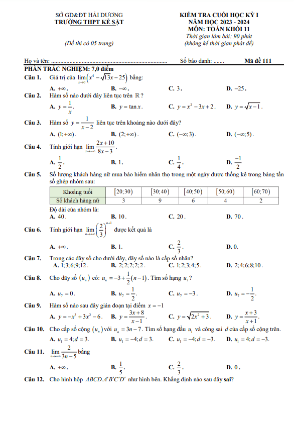 Đề cuối học kì 1 (HK1) lớp 11 môn Toán năm 2023 2024 trường THPT Kẻ Sặt Hải Dương 11 de cuoi hoc ki 1 hk1 lop 11 mon toan nam 2023 2024 truong thpt ke sat hai duong d