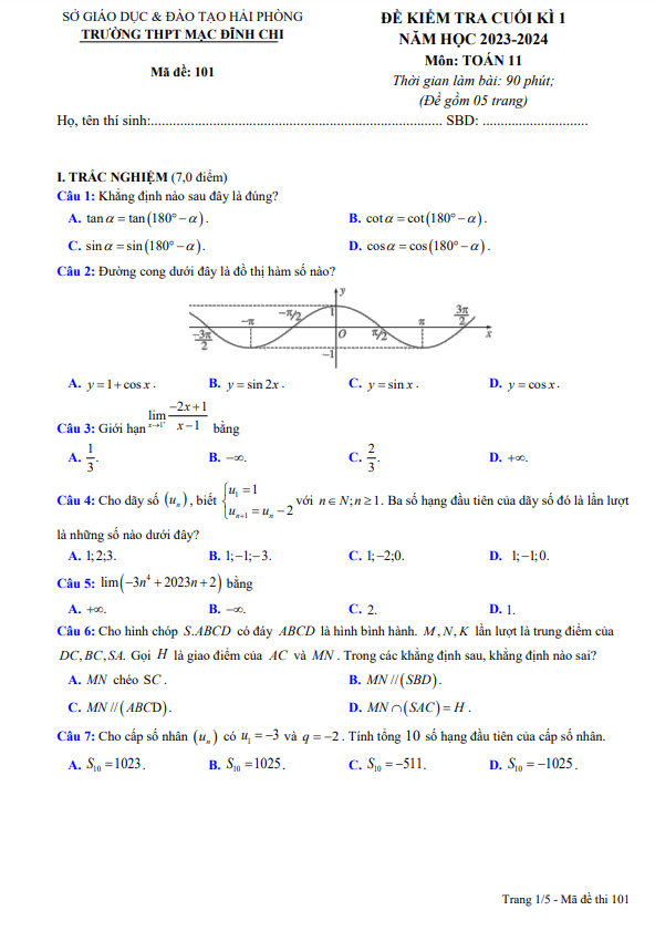 de cuoi hoc ki 1 hk1 lop 11 mon toan nam 2023 2024 truong thpt mac dinh chi hai phong d