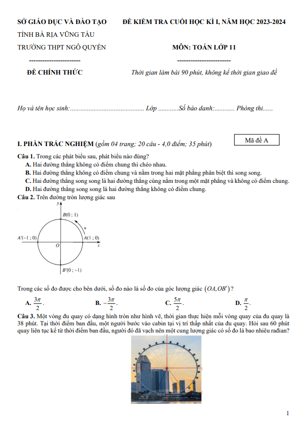de cuoi hoc ki 1 hk1 lop 11 mon toan nam 2023 2024 truong thpt ngo quyen br vt d