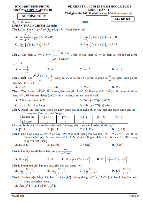 de cuoi hoc ki 1 hk1 lop 11 mon toan nam 2023 2024 truong thpt nguyen du binh phuoc d