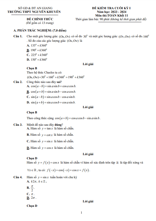 de cuoi hoc ki 1 hk1 lop 11 mon toan nam 2023 2024 truong thpt nguyen khuyen an giang d