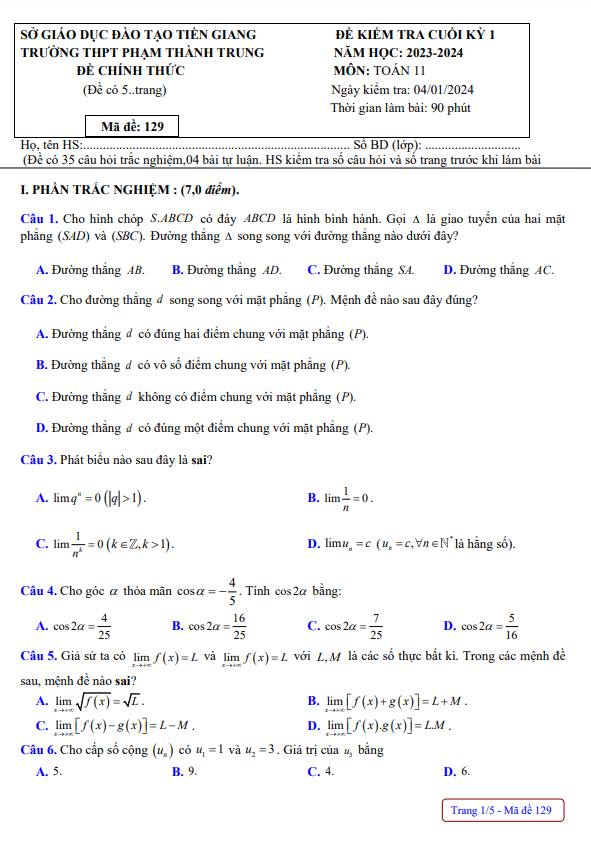 de cuoi hoc ki 1 hk1 lop 11 mon toan nam 2023 2024 truong thpt pham thanh trung tien giang d