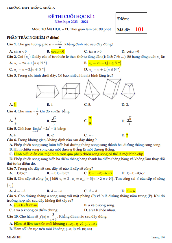 Đề cuối học kì 1 (HK1) lớp 11 môn Toán năm 2023 2024 trường THPT Thống Nhất A Đồng Nai 8 de cuoi hoc ki 1 hk1 lop 11 mon toan nam 2023 2024 truong thpt thong nhat a dong nai d