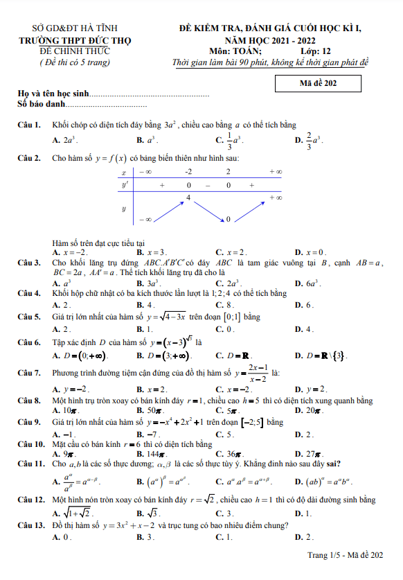 de cuoi hoc ki 1 hk1 lop 12 mon toan nam 2021 2022 truong thpt duc tho ha tinh d