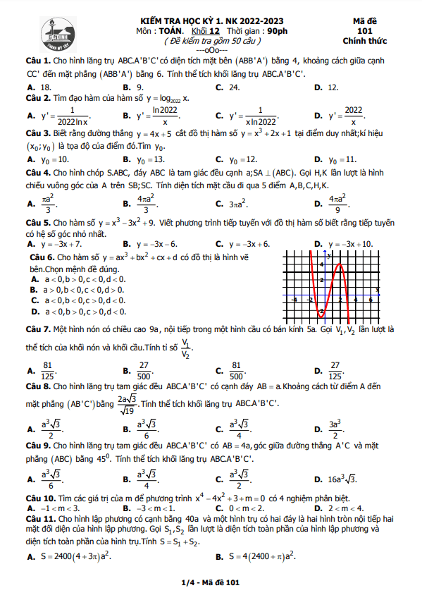 de cuoi hoc ki 1 hk1 lop 12 mon toan nam 2022 2023 truong thpt gia dinh tp hcm d