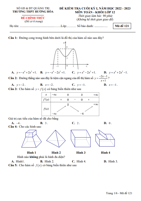 de cuoi hoc ki 1 hk1 lop 12 mon toan nam 2022 2023 truong thpt huong hoa quang tri d