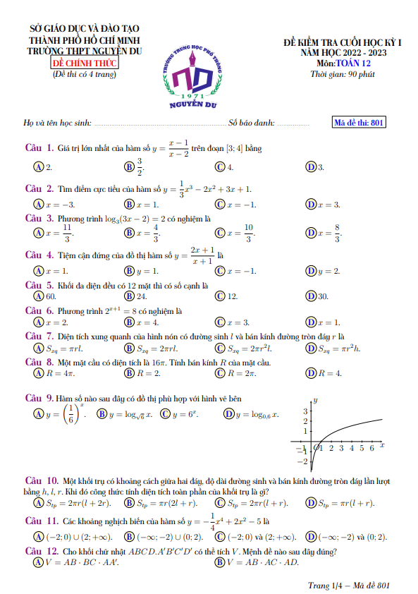 Đề cuối học kì 1 (HK1) lớp 12 môn Toán năm 2022 2023 trường THPT Nguyễn Du TP HCM 1 de cuoi hoc ki 1 hk1 lop 12 mon toan nam 2022 2023 truong thpt nguyen du tp hcm d