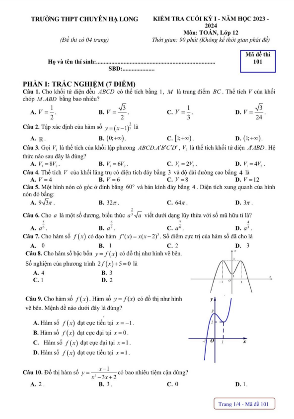 de cuoi hoc ki 1 hk1 lop 12 mon toan nam 2023 2024 truong thpt chuyen ha long quang ninh d