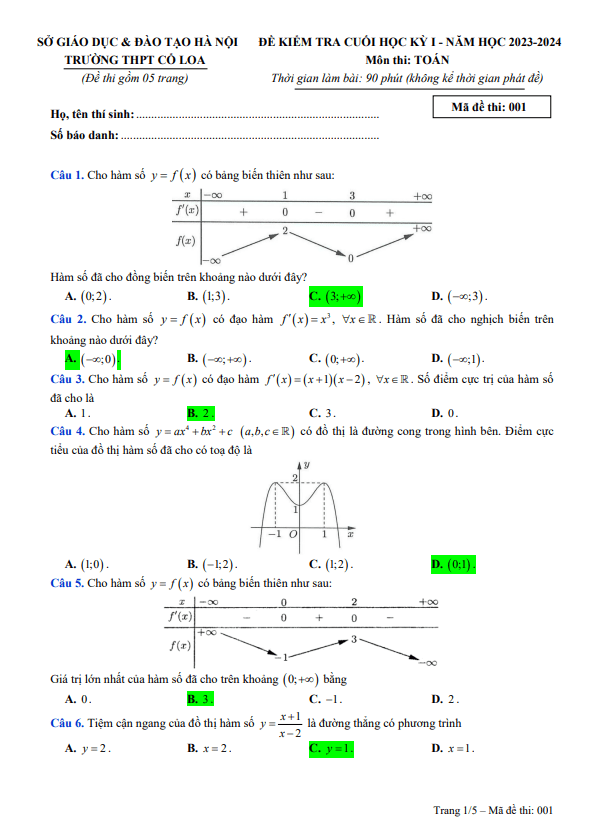 Đề cuối học kì 1 (HK1) lớp 12 môn Toán năm 2023 2024 trường THPT Cổ Loa Hà Nội 2 de cuoi hoc ki 1 hk1 lop 12 mon toan nam 2023 2024 truong thpt co loa ha noi d