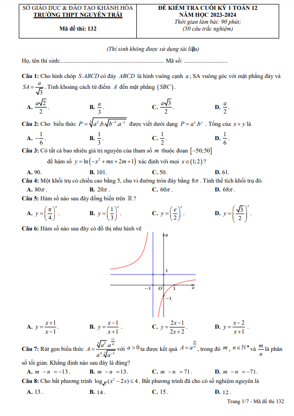 Đề cuối học kì 1 (HK1) lớp 12 môn Toán năm 2023 2024 trường THPT Nguyễn Trãi Khánh Hòa 5 de cuoi hoc ki 1 hk1 lop 12 mon toan nam 2023 2024 truong thpt nguyen trai khanh hoa d