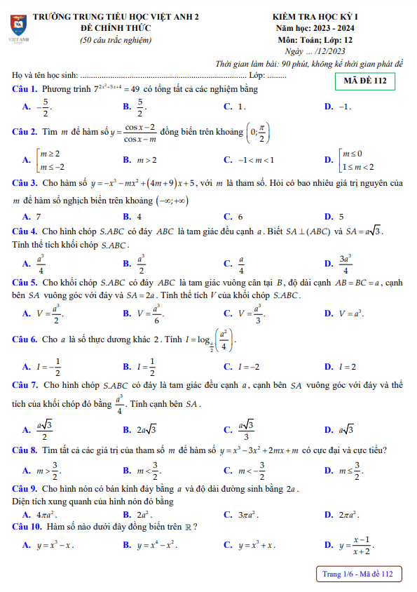 de cuoi hoc ki 1 hk1 lop 12 mon toan nam 2023 2024 truong viet anh 2 binh duong d
