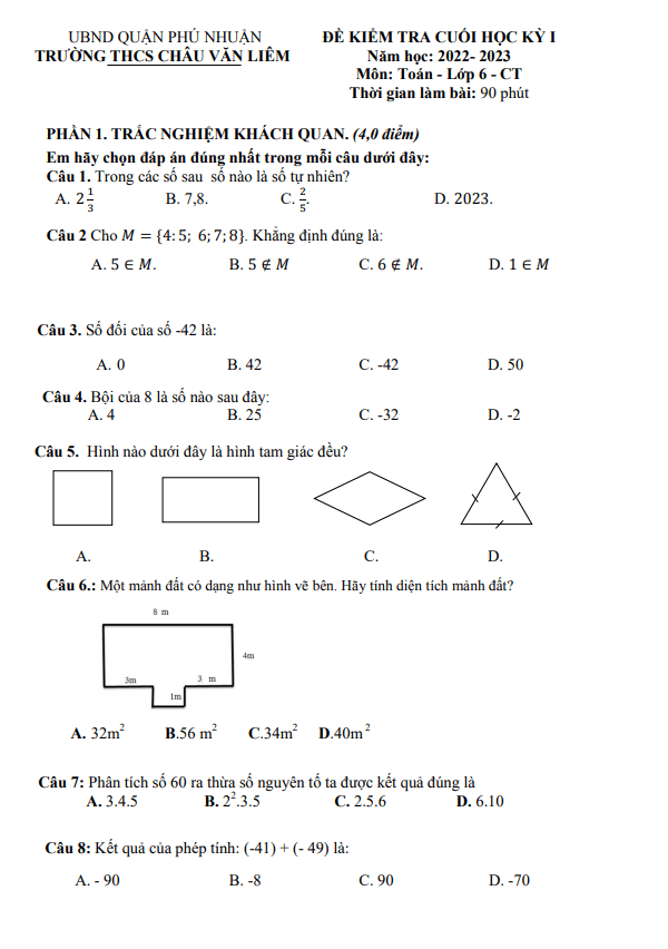 de cuoi hoc ki 1 hk1 lop 6 mon toan nam 2022 2023 truong thcs chau van liem tp hcm d