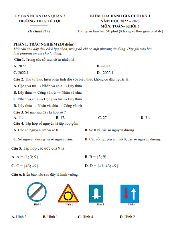 Đề cuối học kì 1 (HK1) lớp 6 môn Toán năm 2022 2023 trường THCS Lê Lợi TP HCM 7 de cuoi hoc ki 1 hk1 lop 6 mon toan nam 2022 2023 truong thcs le loi tp hcm d