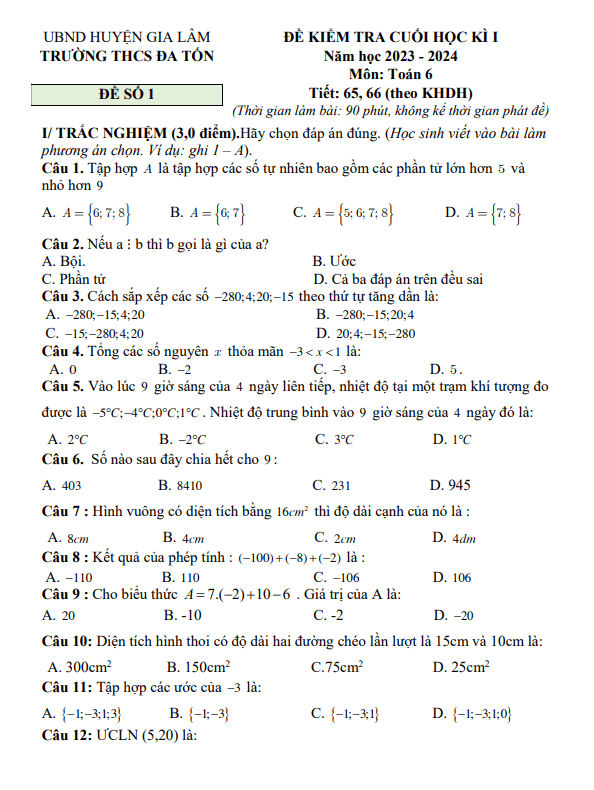 de cuoi hoc ki 1 hk1 lop 6 mon toan nam 2023 2024 truong thcs da ton ha noi d