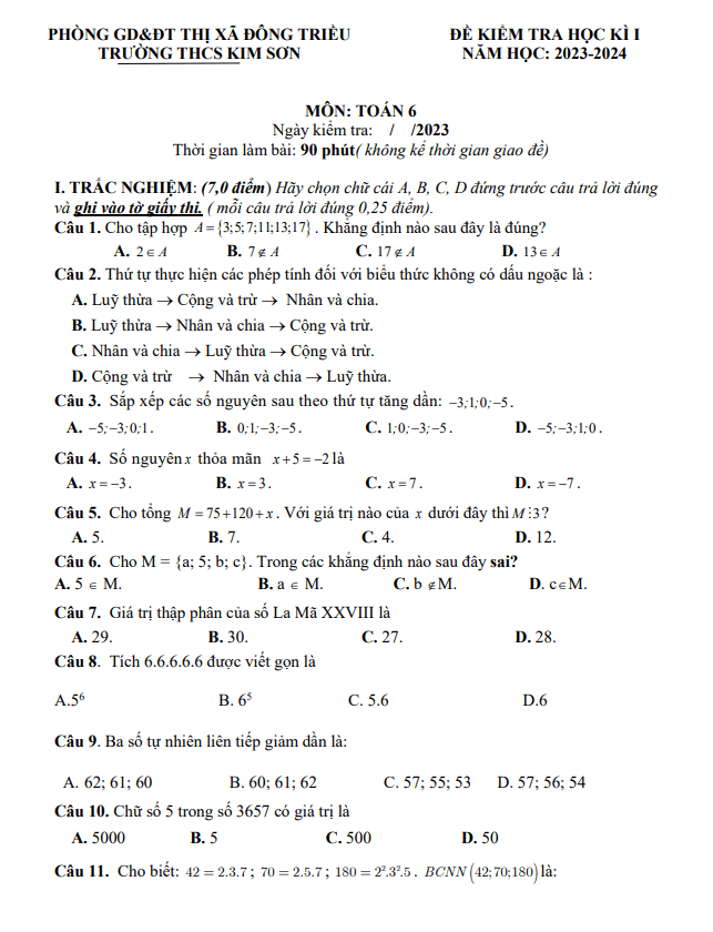 Đề cuối học kì 1 (HK1) lớp 6 môn Toán năm 2023 2024 trường THCS Kim Sơn Quảng Ninh 4 de cuoi hoc ki 1 hk1 lop 6 mon toan nam 2023 2024 truong thcs kim son quang ninh d