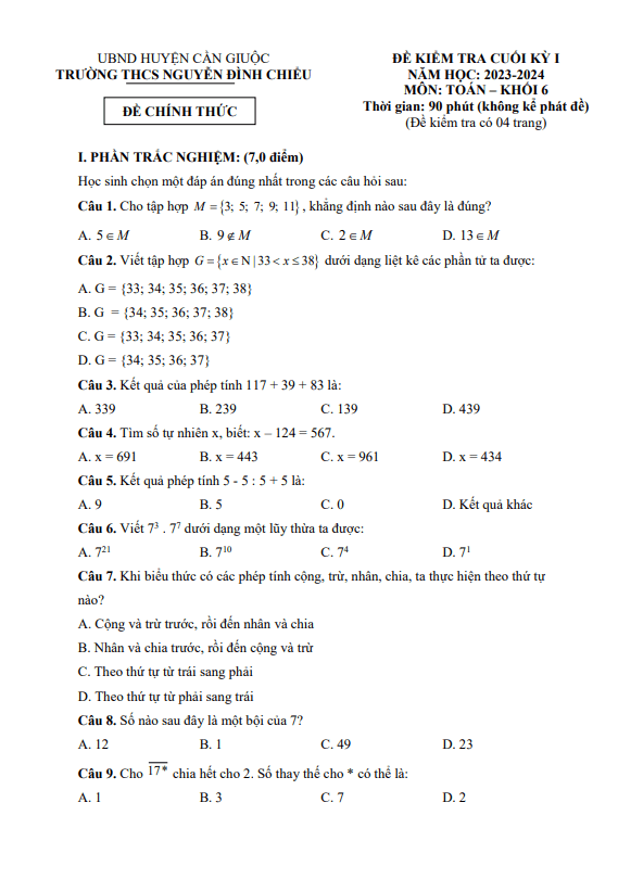 de cuoi hoc ki 1 hk1 lop 6 mon toan nam 2023 2024 truong thcs nguyen dinh chieu long an d