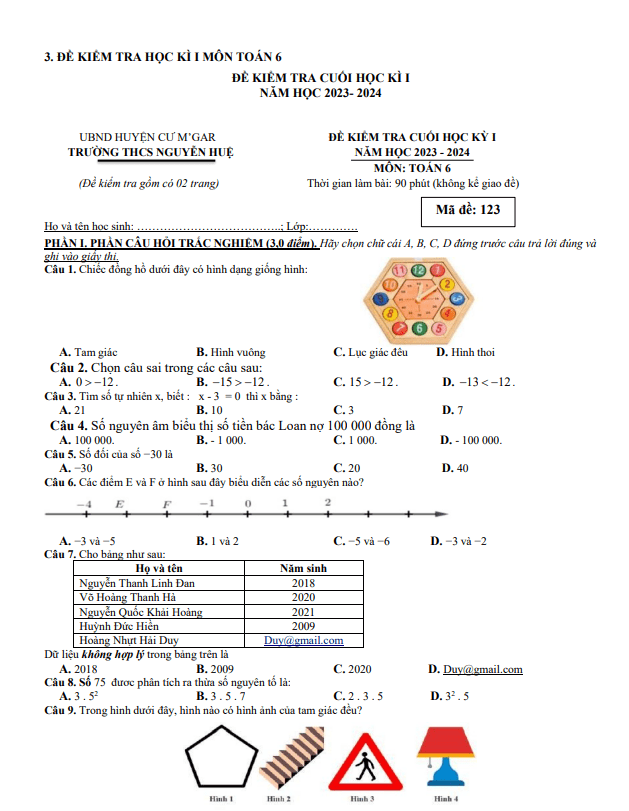 de cuoi hoc ki 1 hk1 lop 6 mon toan nam 2023 2024 truong thcs nguyen hue dak lak d