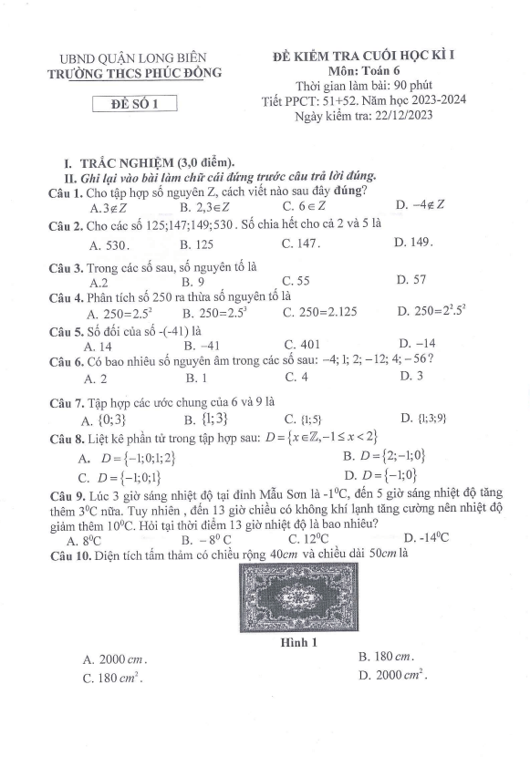 Đề cuối học kì 1 (HK1) lớp 6 môn Toán năm 2023 2024 trường THCS Phúc Đồng Hà Nội 4 de cuoi hoc ki 1 hk1 lop 6 mon toan nam 2023 2024 truong thcs phuc dong ha noi d