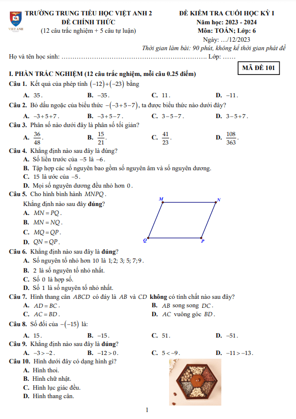 Đề cuối học kì 1 (HK1) lớp 6 môn Toán năm 2023 2024 trường Việt Anh 2 Bình Dương 8 de cuoi hoc ki 1 hk1 lop 6 mon toan nam 2023 2024 truong viet anh 2 binh duong d