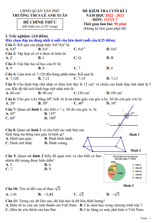 de cuoi hoc ki 1 hk1 lop 7 mon toan nam 2022 2023 truong thcs le anh xuan tp hcm d