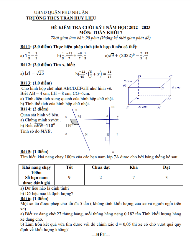 de cuoi hoc ki 1 hk1 lop 7 mon toan nam 2022 2023 truong thcs tran huy lieu tp hcm d