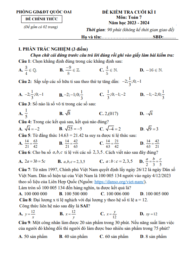 de cuoi hoc ki 1 hk1 lop 7 mon toan nam 2023 2024 phong gd dt quoc oai ha noi d