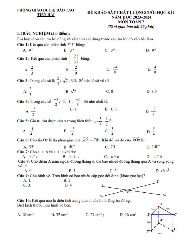 de cuoi hoc ki 1 hk1 lop 7 mon toan nam 2023 2024 phong gd dt tien hai thai binh d