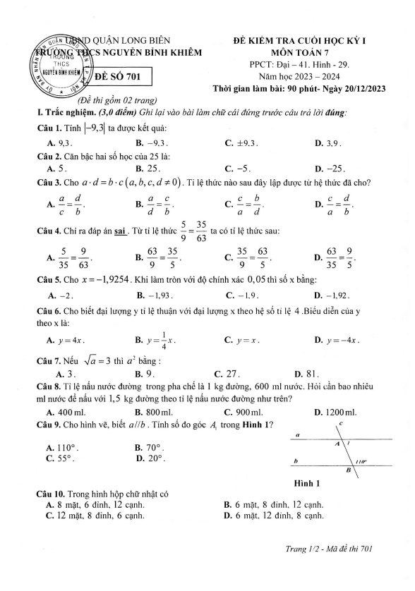 de cuoi hoc ki 1 hk1 lop 7 mon toan nam 2023 2024 truong thcs nguyen binh khiem ha noi d