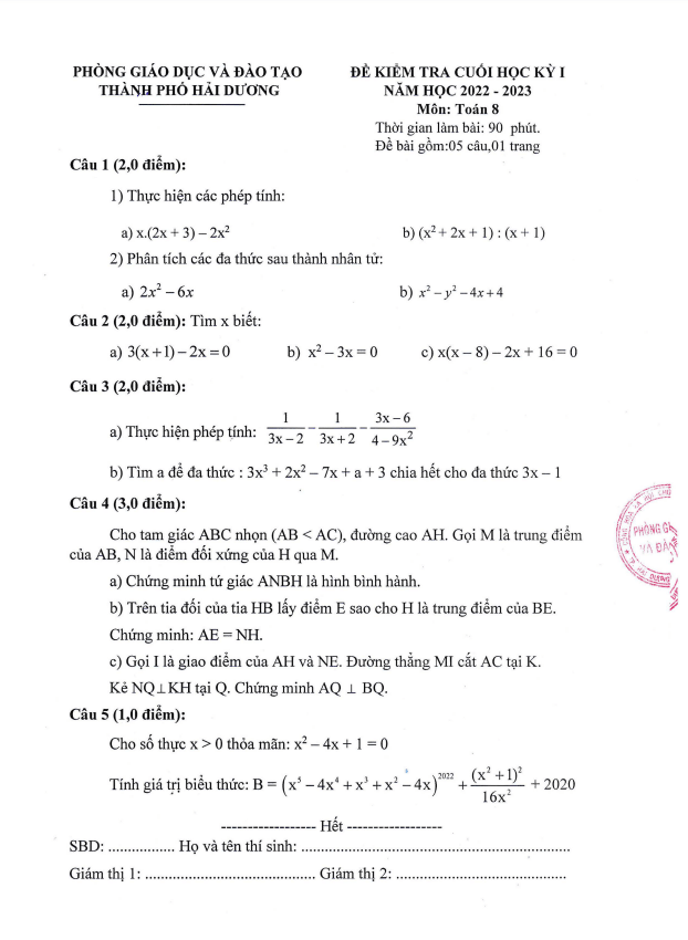 de cuoi hoc ki 1 hk1 lop 8 mon toan nam 2022 2023 phong gd dt thanh pho hai duong d