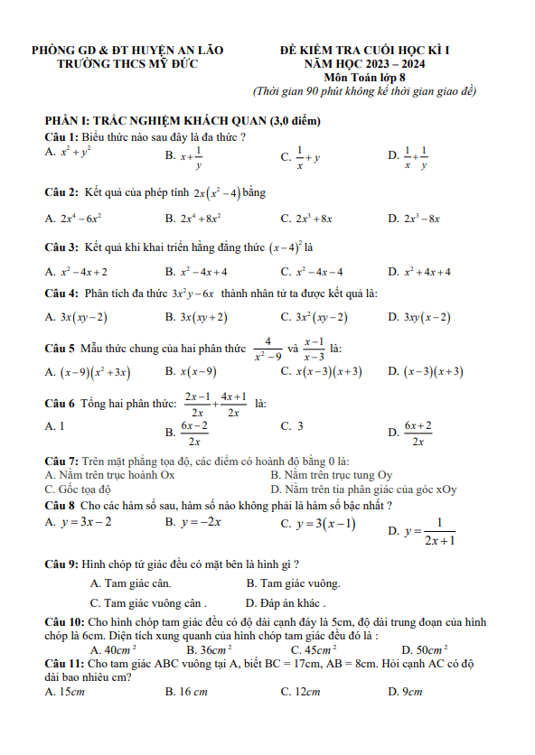 de cuoi hoc ki 1 hk1 lop 8 mon toan nam 2023 2024 truong thcs my duc hai phong d