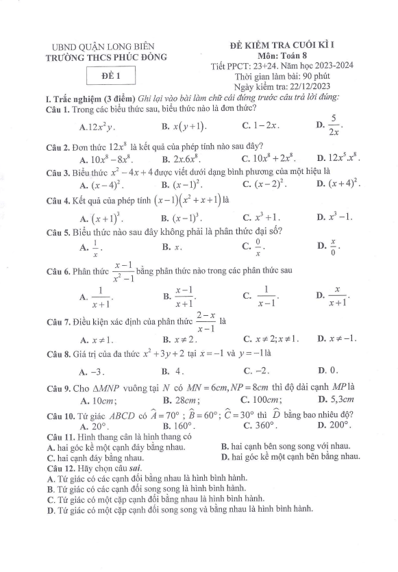 Đề cuối học kì 1 (HK1) lớp 8 môn Toán năm 2023 2024 trường THCS Phúc Đồng Hà Nội 4 de cuoi hoc ki 1 hk1 lop 8 mon toan nam 2023 2024 truong thcs phuc dong ha noi d