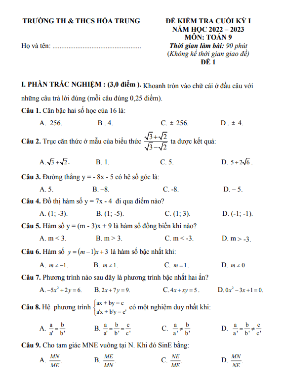 Đề cuối học kì 1 (HK1) lớp 9 môn Toán năm 2022 2023 trường TH THCS Hóa Trung Thái Nguyên 2 de cuoi hoc ki 1 hk1 lop 9 mon toan nam 2022 2023 truong th thcs hoa trung thai nguyen d