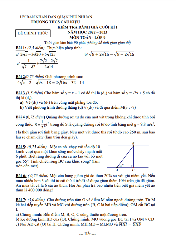 de cuoi hoc ki 1 hk1 lop 9 mon toan nam 2022 2023 truong thcs cau kieu tp hcm d