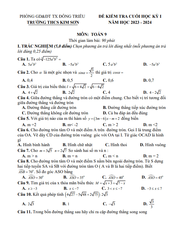 de cuoi hoc ki 1 hk1 lop 9 mon toan nam 2023 2024 truong thcs kim son quang ninh d