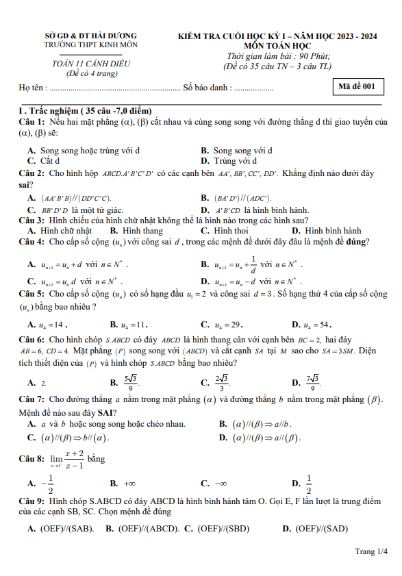 de cuoi hoc ki 1 hk1 toan 11 nam 2023 2024 truong thpt kinh mon hai duong d