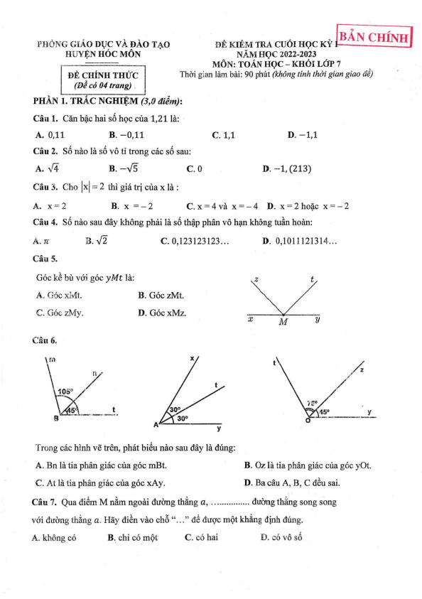 Đề cuối học kì 1 (HK1) Toán 7 năm 2022 2023 phòng GD ĐT Hóc Môn TP HCM 6 de cuoi hoc ki 1 hk1 toan 7 nam 2022 2023 phong gd dt hoc mon tp hcm d
