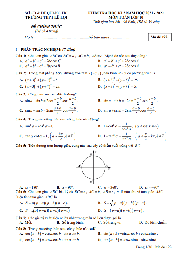 de cuoi hoc ki 2 hk2 lop 10 mon toan nam 2021 2022 truong thpt le loi quang tri d