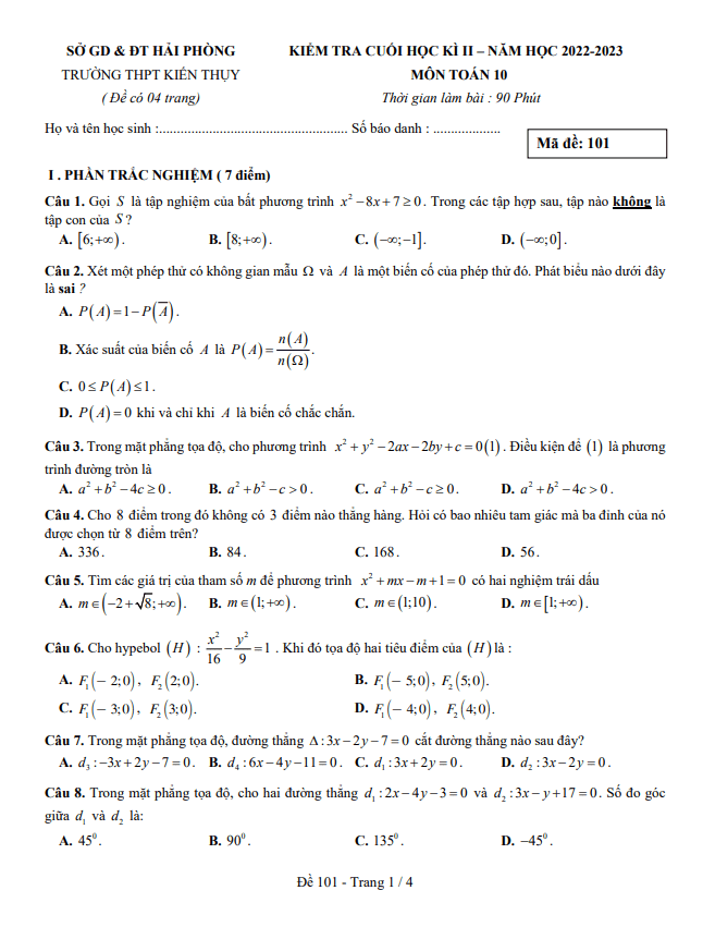 Đề cuối học kì 2 (HK2) lớp 10 môn Toán năm 2022 2023 trường THPT Kiến Thụy Hải Phòng 6 de cuoi hoc ki 2 hk2 lop 10 mon toan nam 2022 2023 truong thpt kien thuy hai phong d