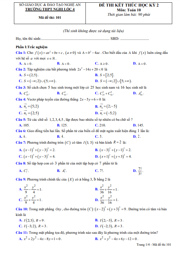 de cuoi hoc ki 2 hk2 lop 10 mon toan nam 2022 2023 truong thpt nghi loc 4 nghe an d