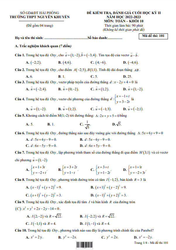 de cuoi hoc ki 2 hk2 lop 10 mon toan nam 2022 2023 truong thpt nguyen khuyen hai phong d