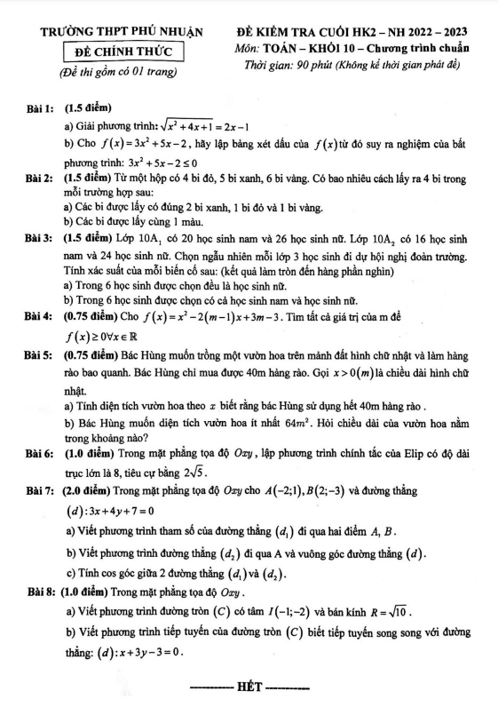 de cuoi hoc ki 2 hk2 lop 10 mon toan nam 2022 2023 truong thpt phu nhuan tp hcm d